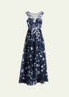 Rickie Freeman For Teri Jon Cap-sleeve Embroidered Tulle A-line Gown In Blue