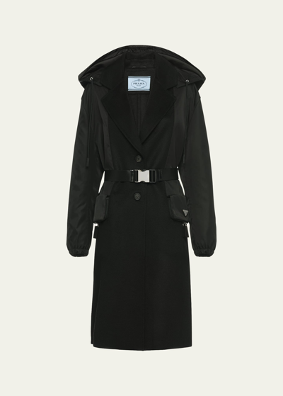 Prada Mixed-media Hooded Cashmere Coat