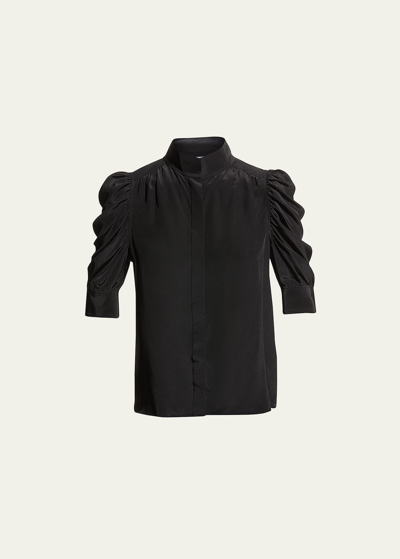 Frame Gillian Silk Collared Puff-sleeve Top In Black