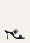 Manolo Blahnik Gable Crystal Buckle Slide Sandals In Blue