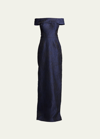Rickie Freeman For Teri Jon Off-shoulder Jacquard Column Gown In Blue
