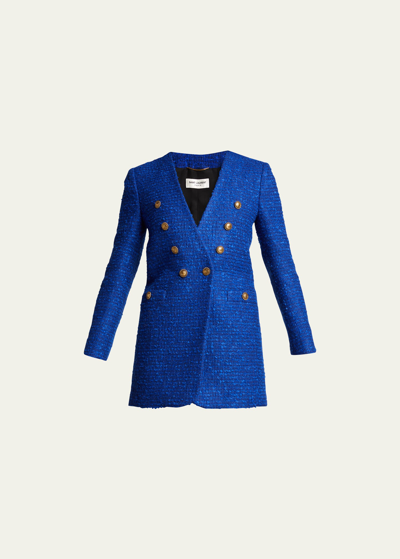 Saint Laurent Collarless Double-breasted Tweed Jacket In Blue