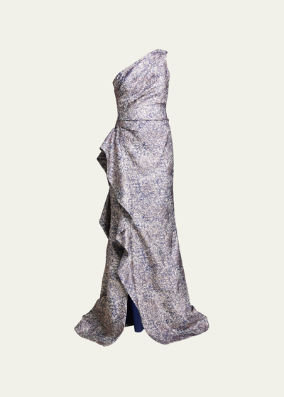 Rickie Freeman For Teri Jon One-shoulder Jacquard Side-ruffle Gown