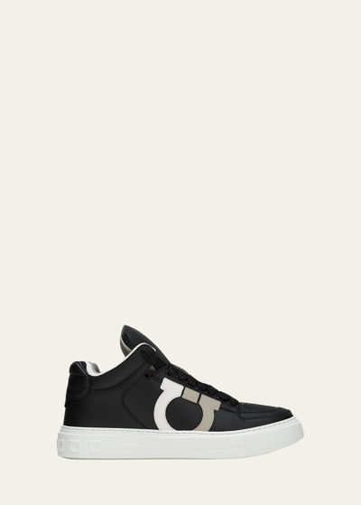 Ferragamo Men's Marvelous Gancio Leather Mid-top Sneakers In Black