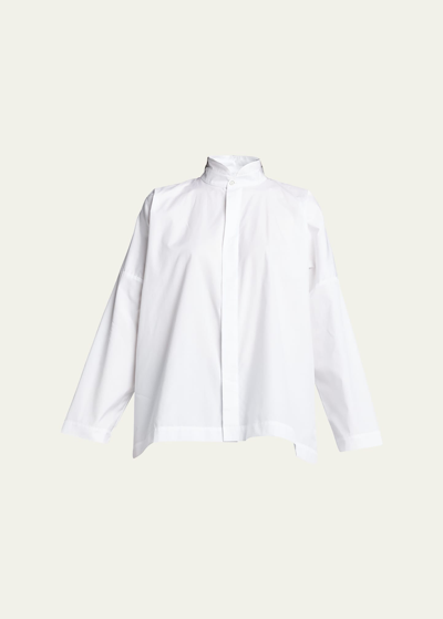 Eskandar Wide Longer-back Double Stand Collar Shirt (mid Plus Length) In White