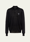 Prada Men's Lurex Logo Polo Sweater In Black