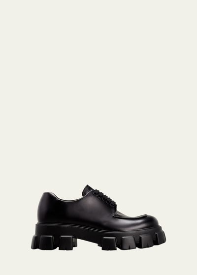 Prada Men's Monolith Lug-sole Leather Derby Shoes In Black