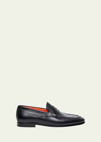 Santoni Men's Door Leather Penny Loafers In Black