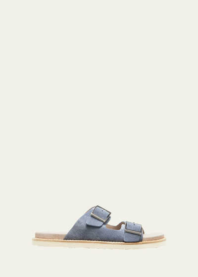 Brunello Cucinelli Men's Suede Leather Buckle Slide Sandals