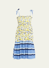 Tanya Taylor Leandra Mixed-print Smocked Midi Dress In Multi