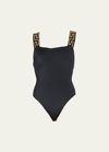 Versace Square-neck Greca-strap One-piece Swimsuit In Black