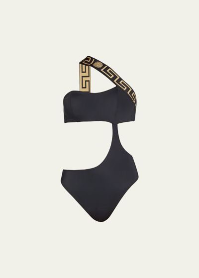 Versace Greca Border Cut-out One-piece Swimsuit In Black