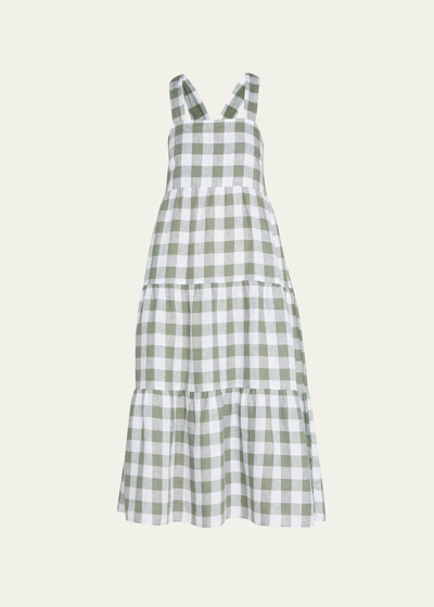 Vitamin A Canyon Linen Checked Tiered Midi Dress In Green
