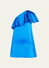 Saint Laurent One-shoulder Ruffle Satin Mini Dress In Blue