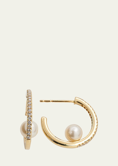Mizuki Pave Diamond Hoop Earrings With Freshwater Pearls In Gold