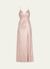 Retroféte Yesi Metallic Wrap Bodice Gown With Side Slit In Pink