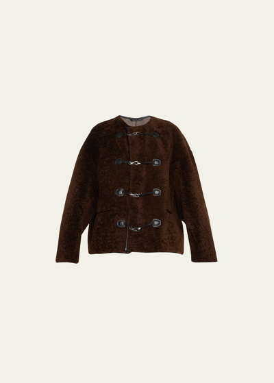 Totême Teddy Shearling Leather-trim Clasp Jacket In Brown