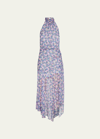 Veronica Beard Lei Abstract Printed High Neck Sheer A-line Dress In Multi