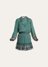 Veronica Beard Destiny Printed Smocked Waist V-neck Mini Dress In Green