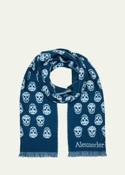 Alexander Mcqueen Reversible Skull-print Wool Scarf In Blue