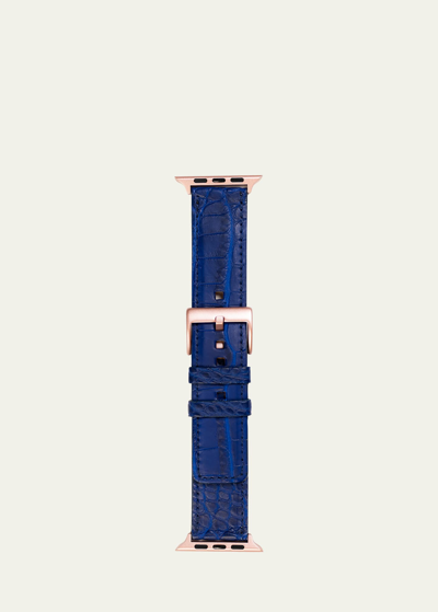 Abas Men's Apple Watch Matte Alligator Watch Strap, Rose Gold Finish In Blue