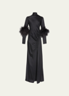 Lapointe Feather-trim Ruched Satin Bias Gown In Black