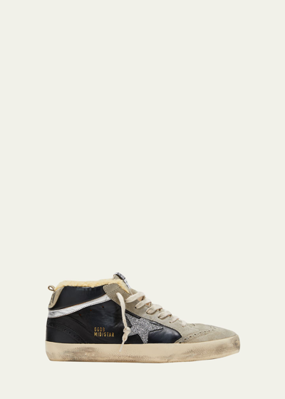 Golden Goose Mid Star Shearling-lined Distressed Leather And Suede Sneakers In Black