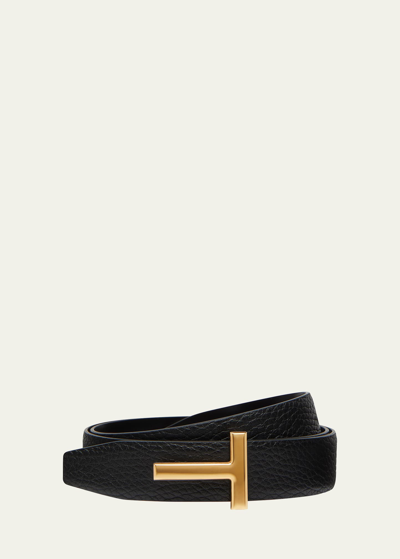 Tom Ford T Buckle Grain Leather Belt In Black