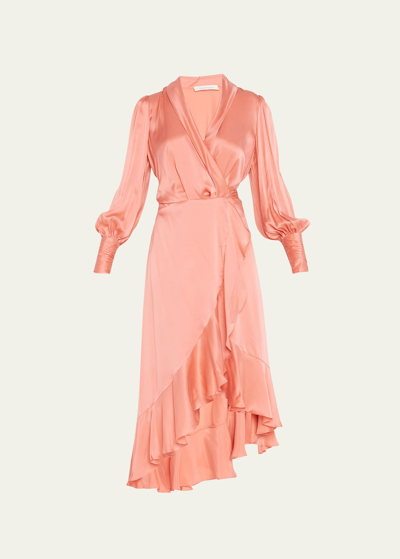 Zimmermann Ruffled Midi Wrap Dress In Orange