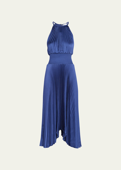 A.l.c Renzo Ii Satin Pleated High-neck Midi Dress In Blue