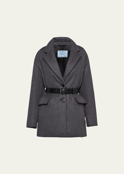 Prada Lana Wool-cashmere Belted Padded Jacket In Gray