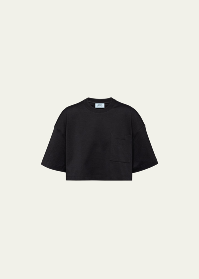 Prada Interlock Knit Cropped Cotton T-shirt In Black