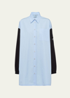 Prada Button-down Poplin Shirtdress With Re-nylon Sleeves In Blue