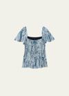 Theory Short-sleeve Godet Printed Silk Top In Blue