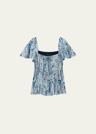 Theory Short-sleeve Godet Printed Silk Top