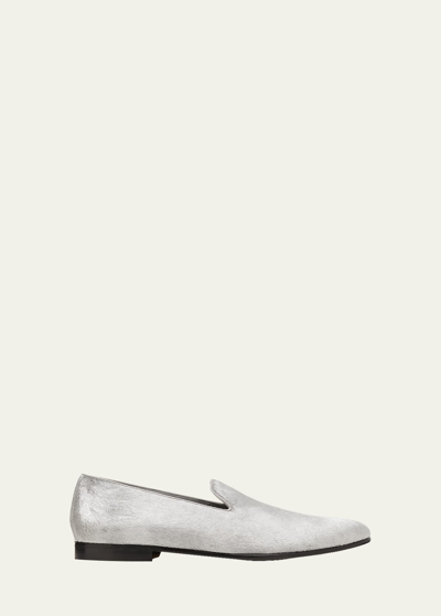 Manolo Blahnik Men's Mario Calf Hair Leather Loafers In White