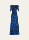 Rickie Freeman For Teri Jon Puff-shoulder A-line Jacquard Gown In Blue