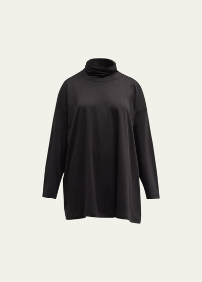 Eskandar A-line Long-sleeve Scrunch Neck Cashmere Top (long Length) In Black