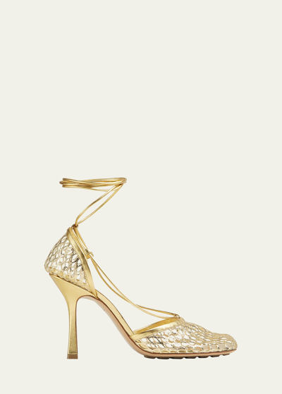 Bottega Veneta 90mm Macrame Metallic Ankle-wrap Pumps In Gold