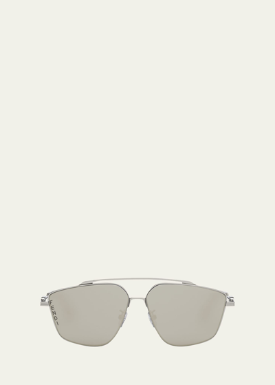 Fendi Men's O'clock Metal Double-bridge Aviator Sunglasses In Metallic