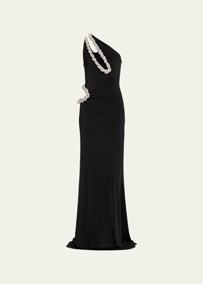 Stella Mccartney + Net Sustain One-shoulder Cutout Embellished Stretch-crepe Gown In Black