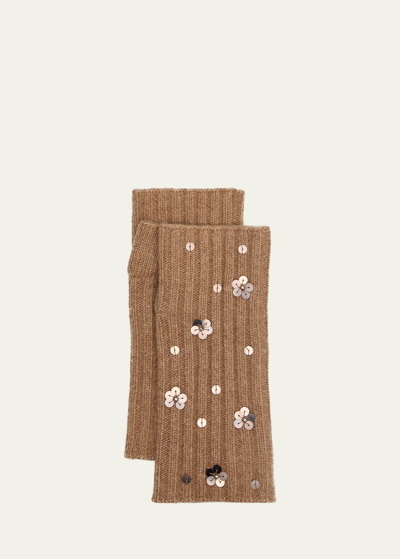 Portolano Sequin Floral Cashmere Arm Warmers In Brown