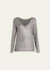 Majestic Soft Touch Metallic Long-sleeve V-back T-shirt In Gray