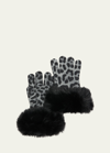 Sofia Cashmere Leopard Print Cashmere Gloves W/ Faux Fur Cuffs In Gray