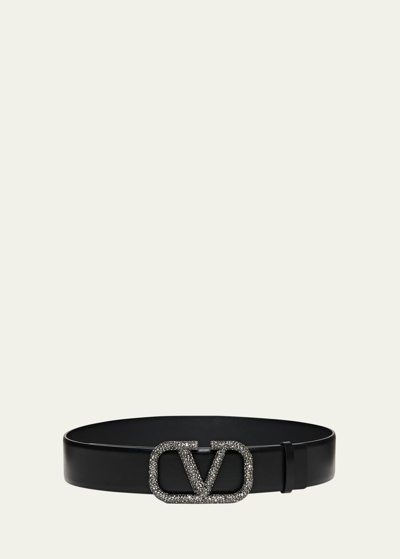 Valentino Garavani Embellished V-logo Leather Belt In Nero/black Diamond