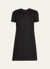 Valentino Embroidered Falling Bow Short-sleeve Mini Dress In Black