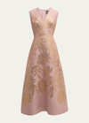 Lela Rose Blair Metallic Floral Jacquard Sleeveless Midi Dress In Pink