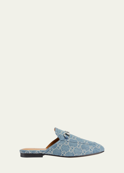 Gucci Princetown Gg Denim Loafer Mules In Light Blue