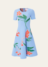 Carolina Herrera Floral Intarsia-knit Flare Dress In Blue