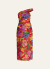 Carolina Herrera Floral One-shoulder Ruched Midi Dress With Shoulder Sash In Multi